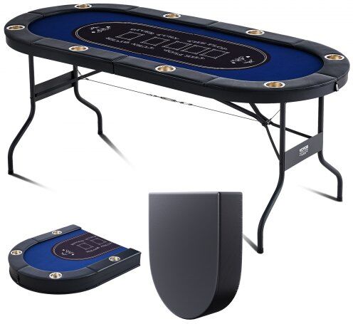 VEVOR 8 Player Foldable Poker Table, Blackjack Texas Holdem Poker Table with Padded Rails and Stainless Steel Cup Holders, Portable Folding Card Board Game Table, 72" Oval Casino Leisure Table, Blue