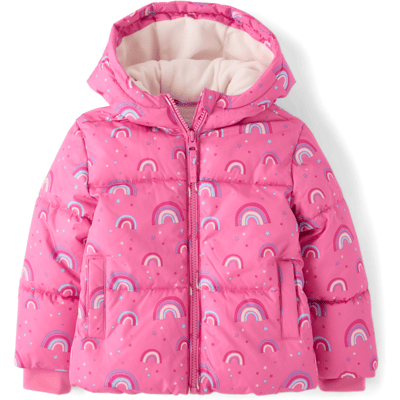 The Children's Place Toddler Girls Print Midweight Microfleece Lined Puffer Jacket Size 4T Pink The Children's Place Toddler Girls Print Midweight Microfleece Lined Puffer Jacket Size 4T Pink