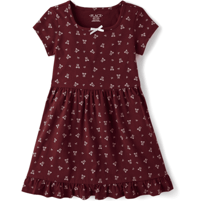The Children's Place Girls Bear Ruffle Dress Size Medium (7/8) Burgundy 100% Cotton The Children's Place Girls Bear Ruffle Dress Size Medium (7/8) Burgundy 100% Cotton