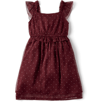 The Children's Place Girls Polka Dot Chiffon Flutter Dress Size XL (14) Burgundy The Children's Place Girls Polka Dot Chiffon Flutter Dress Size XL (14) Burgundy