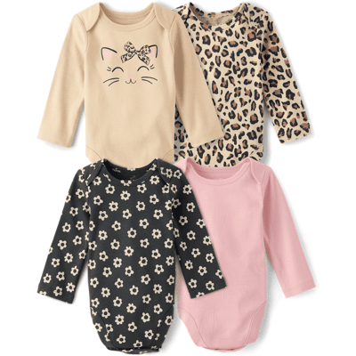 The Children's Place Baby Girls Leopard Bodysuit 4-Pack Size NB Tan Cotton The Children's Place Baby Girls Leopard Bodysuit 4-Pack Size NB Tan Cotton