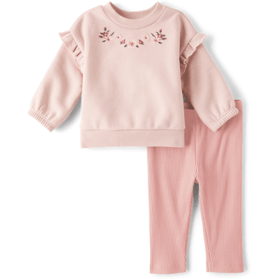 The Children's Place Baby Girls Embroidered Floral 2-Piece Playwear Set Size 0-3 M Pink Cotton/Polyester/Spandex The Children's Place Baby Girls Embroidered Floral 2-Piece Playwear Set Size 0-3 M Pink Cotton/Polyester/Spandex