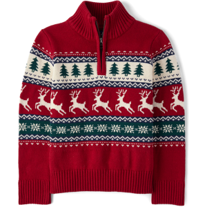 The Children's Place Boys Reindeer Fairisle Quarter Zip Sweater Size 2XL (16) Red Cotton