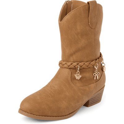 The Children's Place Girls Braided Charm Cowgirl Boots Size YOUTH 2 Tan 100% Faux Leather The Children's Place Girls Braided Charm Cowgirl Boots Size YOUTH 2 Tan 100% Faux Leather