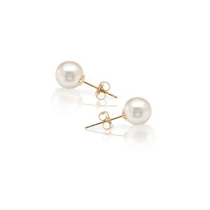 Pearl 14k Yellow Gold Plated Freshwater Cultured Pearl Stud Earrings. June 1 ct Round Pearl White Yellow Gold