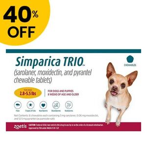 40% Off Simparica Trio For Dogs 2.8-5.5 Lbs (Gold) 6 Doses
