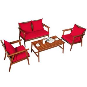 Costway 4 Piece Acacia Wood Patio Rattan Furniture Set-Red