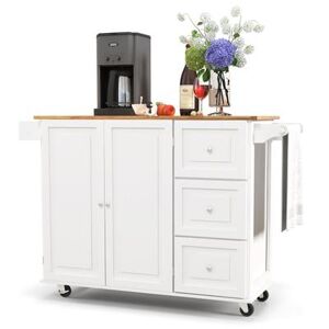 Costway Kitchen Island Trolley Cart Wood with Drop-Leaf Tabletop and Storage Cabinet-White