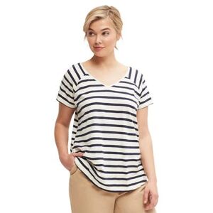 Plus Size Women's Rounded V-neck Tee by ellos in Ivory Navy Stripe (Size 1X)