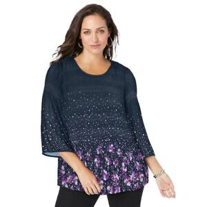 Plus Size Women's Pleated Blouse by Jessica London in Purple Confetti Botanical (Size 20 W)