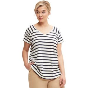 Plus Size Women's Rounded V-neck Tee by ellos in Ivory Navy Stripe (Size 3X)