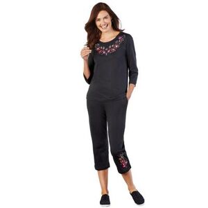 Haband Womens Embroidered Knit Top & Capri Set, Black, Size 2XL, A