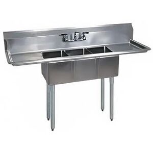 "BK Resources BKS-3-1014-10-15T 60"" 3 Compartment Sink w/ 10""L x 14""W Bowl, 10"" Deep, Stainless Steel"