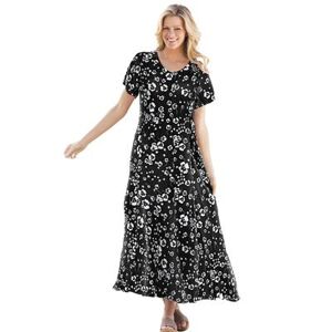 Woman Within Plus Size Women's Short-sleeve Crinkle Dress by Woman Within in Black Floral Print (Size M)