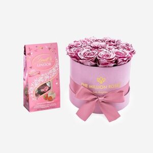 The Million Roses Lindor Strawberry & Cream Truffles   Classic Light Pink Box   Pink Gold Roses   Bundle