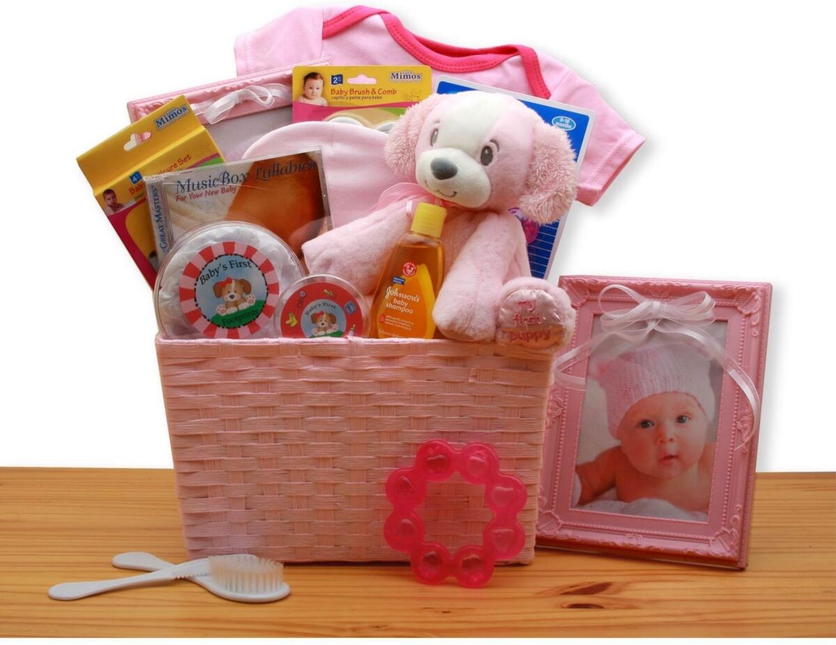 Gbds Puppy Love New Baby Gift Basket - Pink - baby bath set - baby girl gifts - 1 Basket