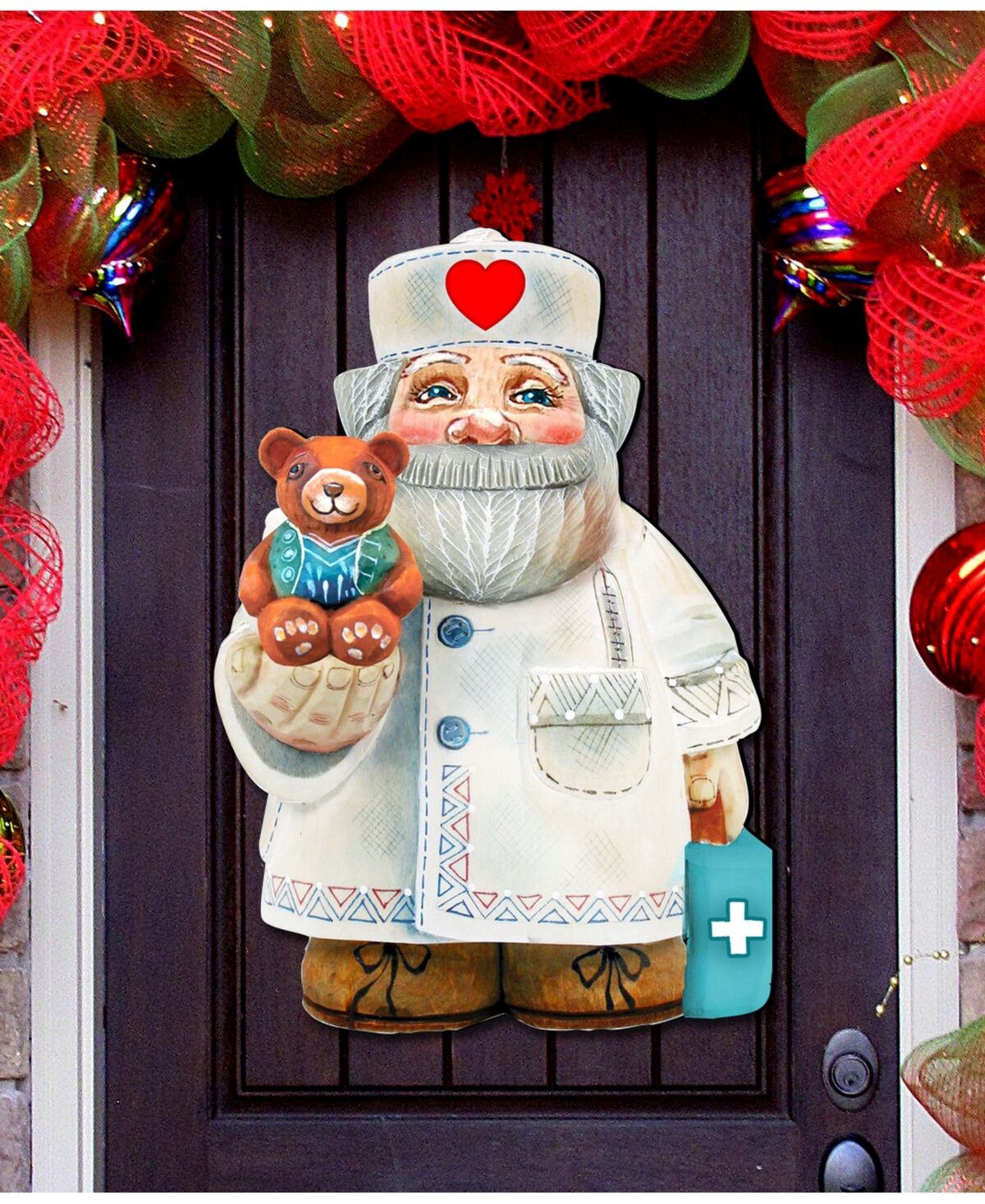 Designocracy Teddy Bear Doctor Christmas Door Hanger - Multi
