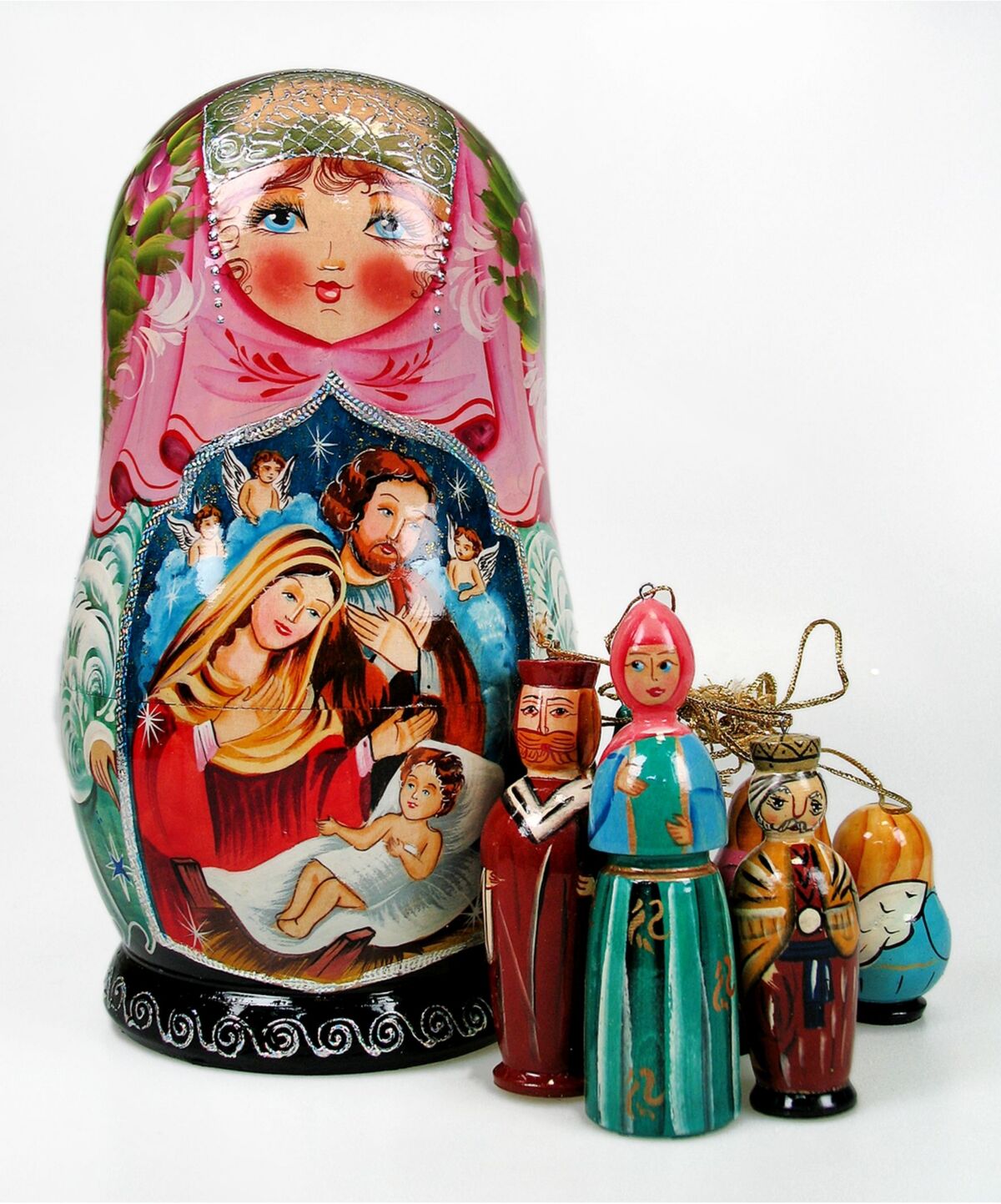 G.DeBrekht Nativity Angel Ornaments and Russian Matryoshka Wooden Doll Set - Multi