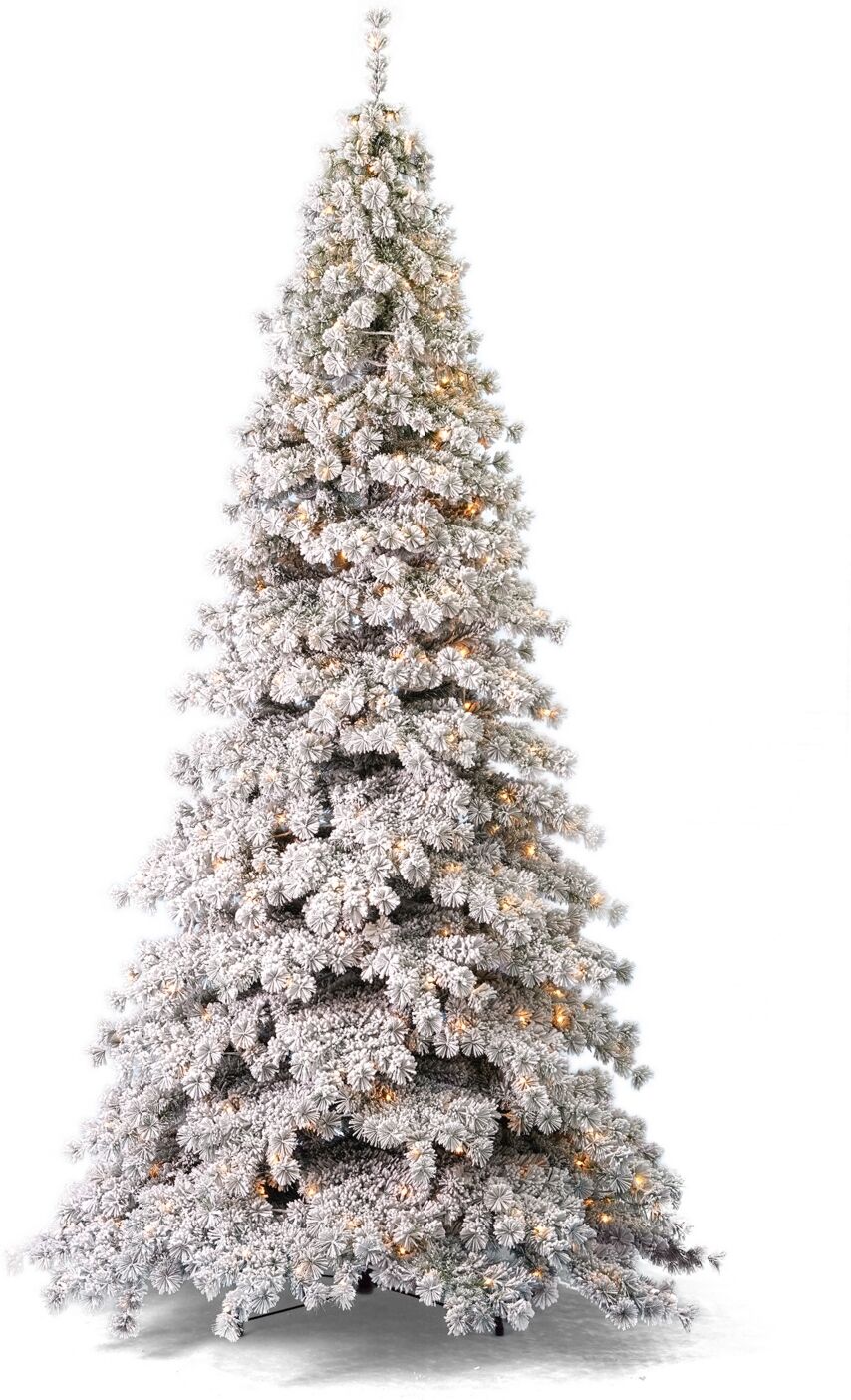 Seasonal Flocked Winter Fir 10' Pre-Lit Flocked Hard Needle Tree with Metal Stand 1471 Tips, 450 Warm Led, Remote, Ez-Connect, Storage Bag - White