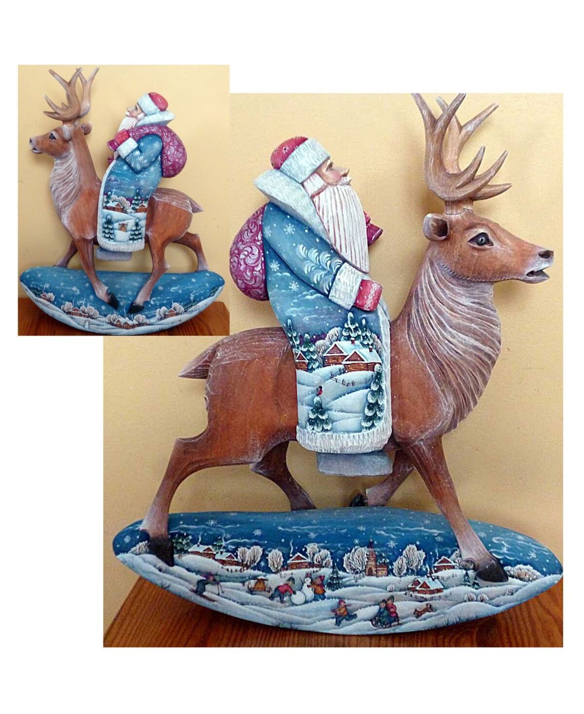 G.DeBrekht Woodcarved and Hand Painted Reindeer Rocking Santa Claus Figurine - Multi