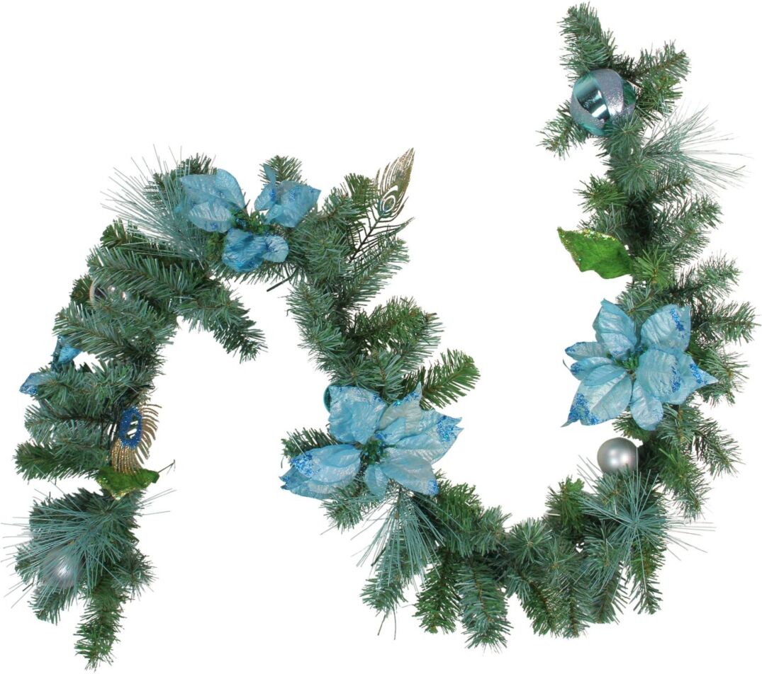 Northlight Peacock Feather and Poinsettia Artificial Christmas Garland-Unlit - Blue