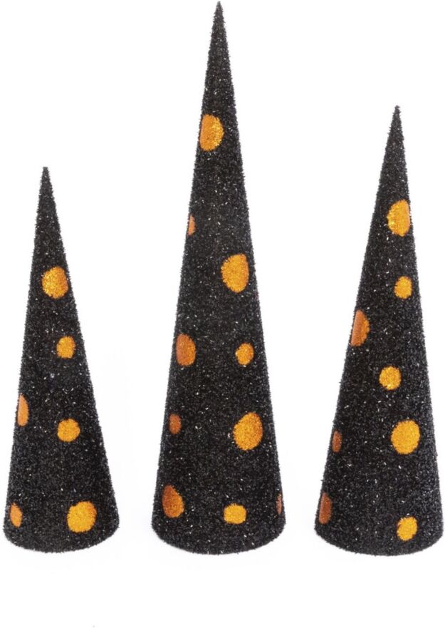 Gerson International Assorted Glitter Halloween Cone Trees Set, 3 Pieces - Black