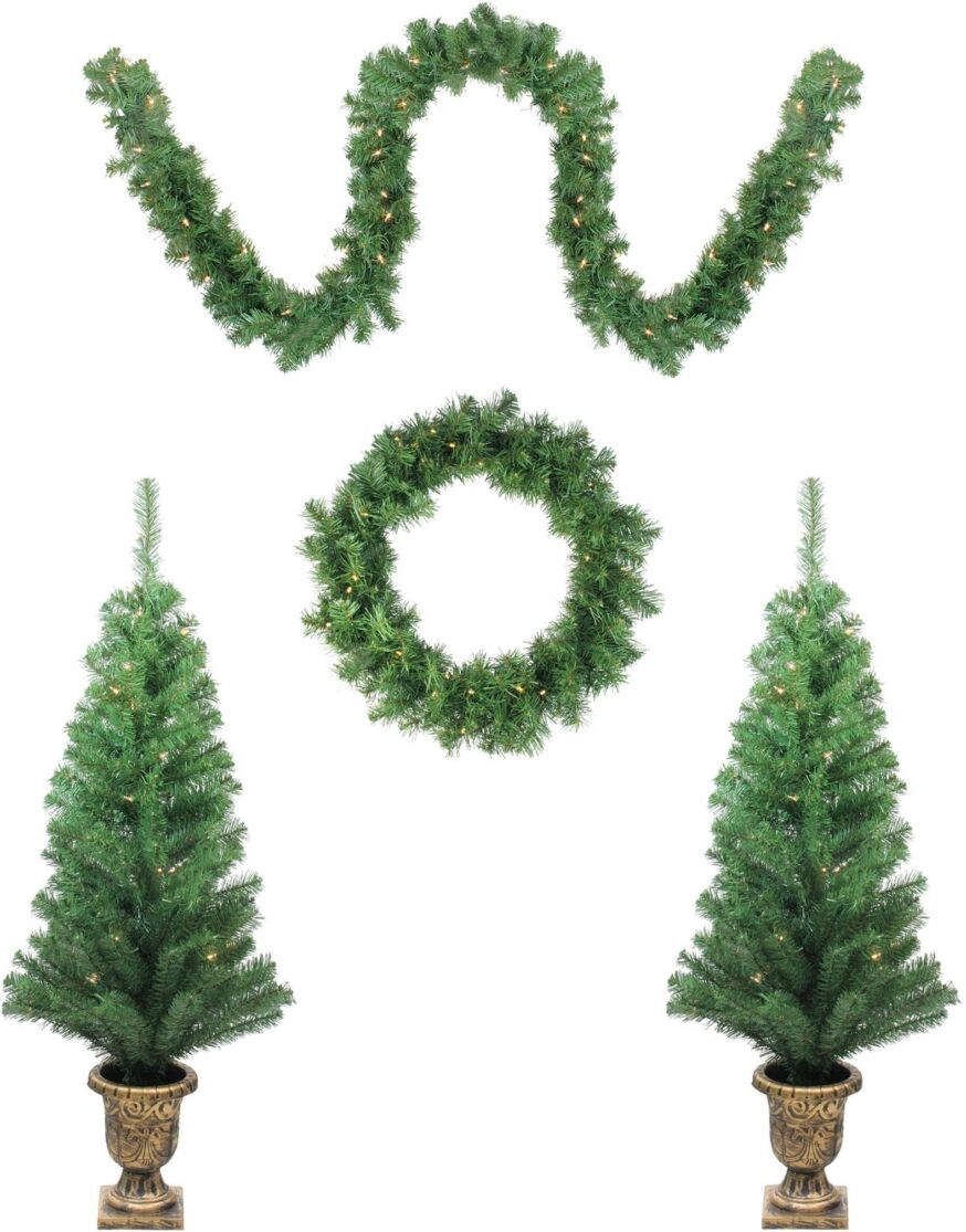 Northlight 5-Piece Artificial Winter Spruce Christmas Trees Wreath and Garland Set - Clear Lights - Green