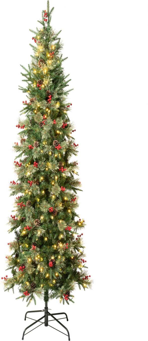 National Tree Company 7.5' Feel-Real Virginia Pine Hinged Pine-Needle Slim Christmas Tree w Berries & Pinecones - Green