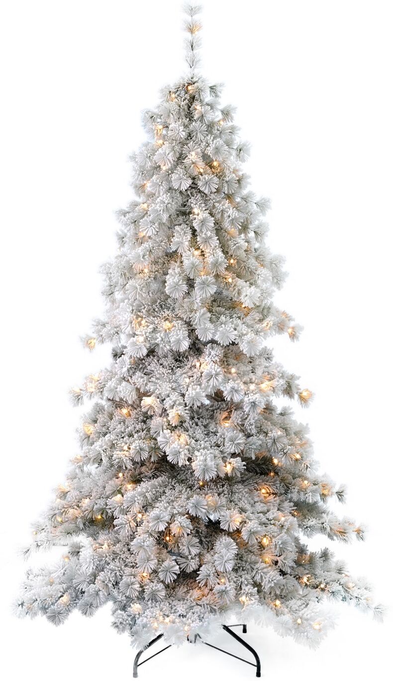 Seasonal Flocked Winter Fir 6.5' Pre-Lit Flocked Hard Needle Tree with Metal Stand 565 Tips, 250 Warm Led, Remote, Ez-Connect, Storage Bag - White