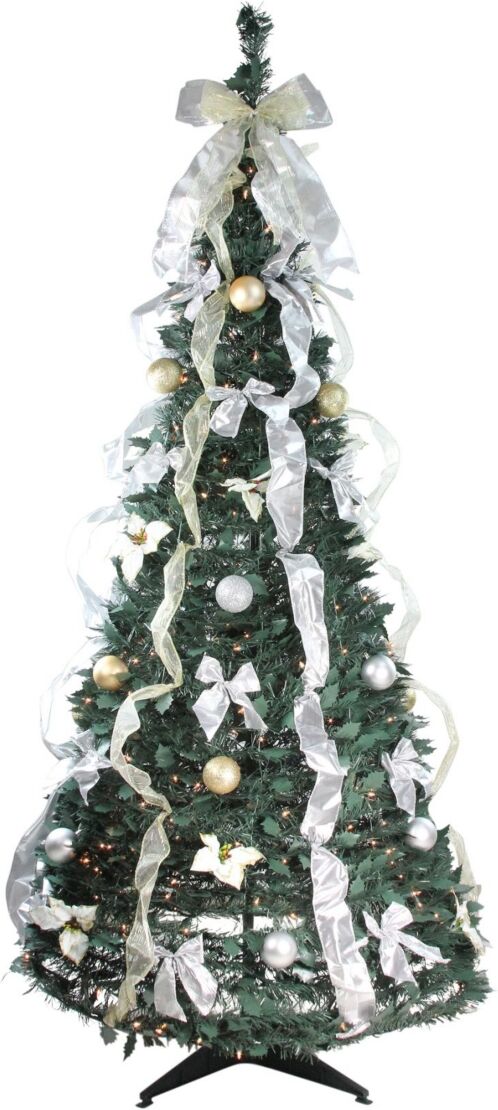 Northlight 6' Pre-Lit Silver and Gold Decorated Pop-Up Artificial Christmas Tree - Clear Lights - Silver