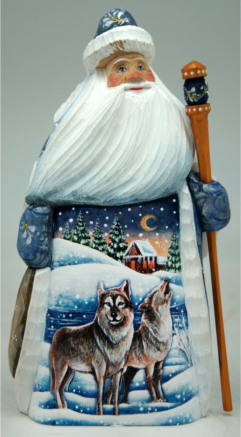 G.DeBrekht Woodcarved and Hand Painted Santa Wolf and Bird Figurine - Multi