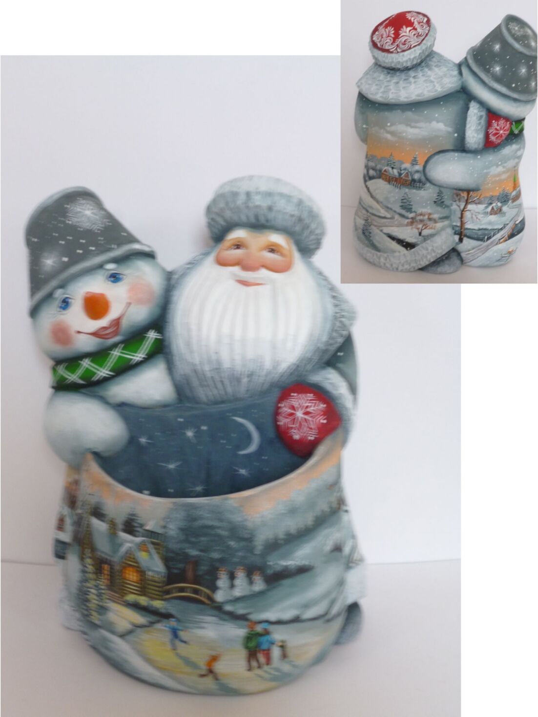 G.DeBrekht Woodcarved and Hand Painted Santa and Snowman Companions Bag Masterpiece Signature Figurine - Multi