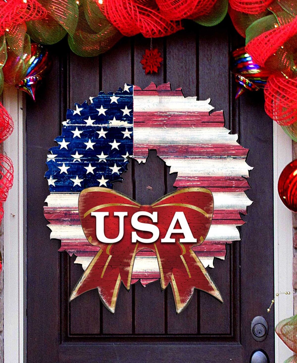 Designocracy Usa American Flag Wreath Wooden Door Wall Hanger - Multi Color