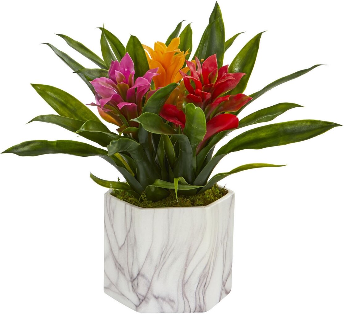 Nearly Natural Bromeliad Artificial Plant in Marble Finished Vase - Assorted