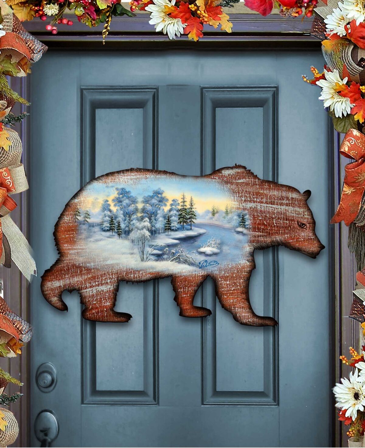 Designocracy Grizzly Bear Vintage-Like Wildlife Holiday Door Decor - Multi Color