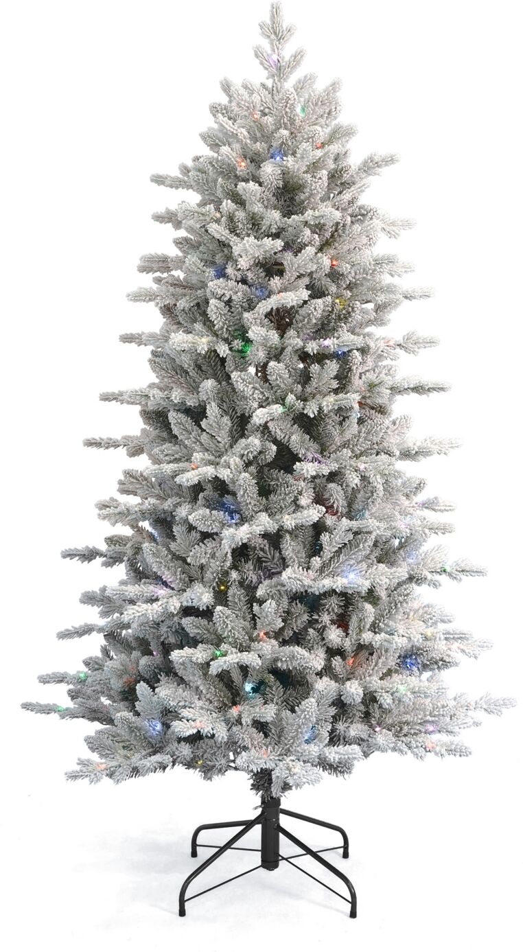 Seasonal The Bluffton Flocked Pine 6' Pe, Pvc Tree, 1813 Tips, 300 Rgbw Lights, Metal Stand, Ez-Connect - White