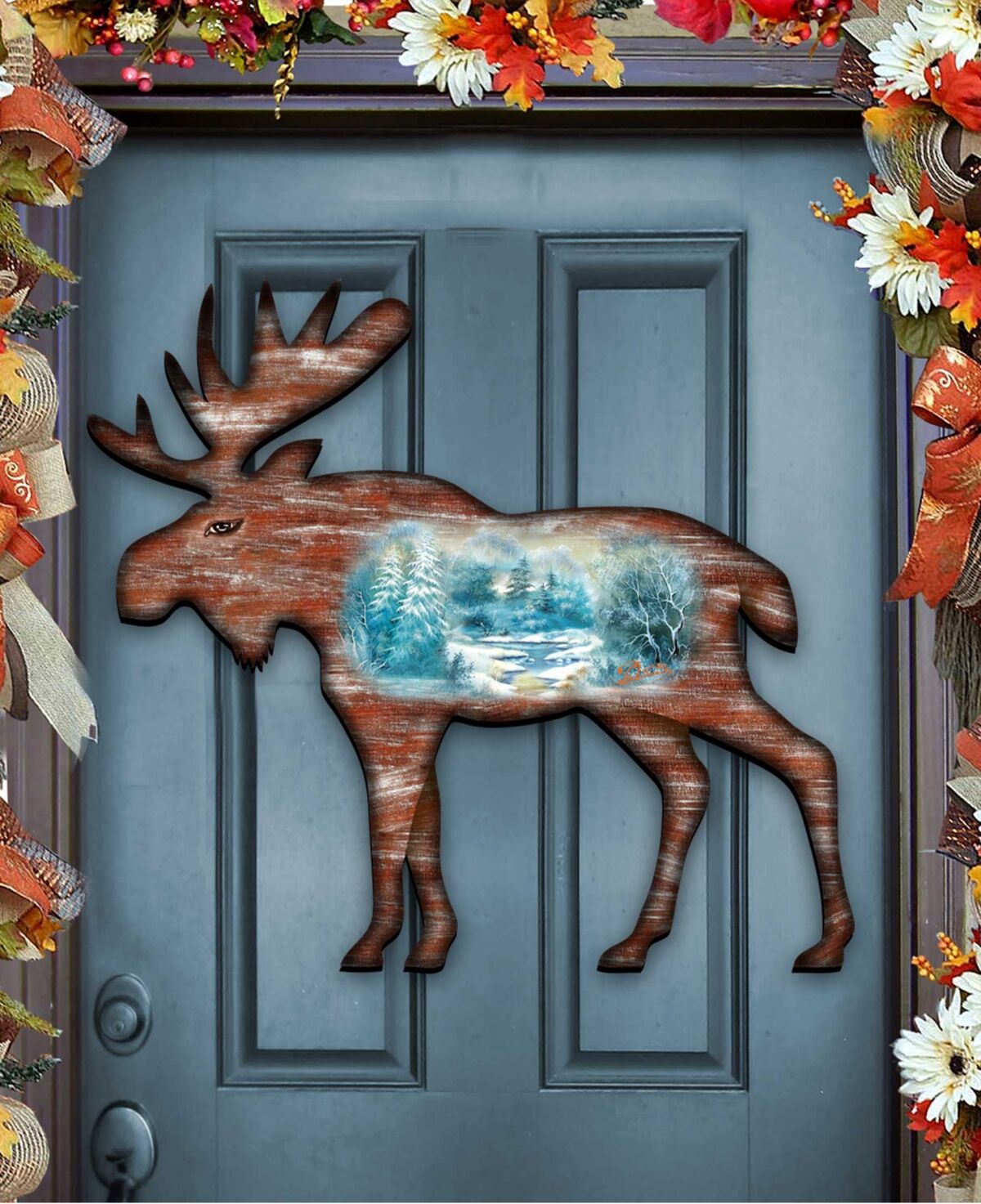 Designocracy Moose Vintage-Like Wildlife Holiday Door Decor - Multi Color