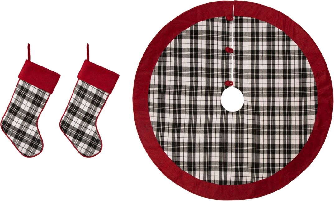 Glitzhome Set of 3 2 Plaid Fabric Christmas Stockings a Tree Skirt - Black