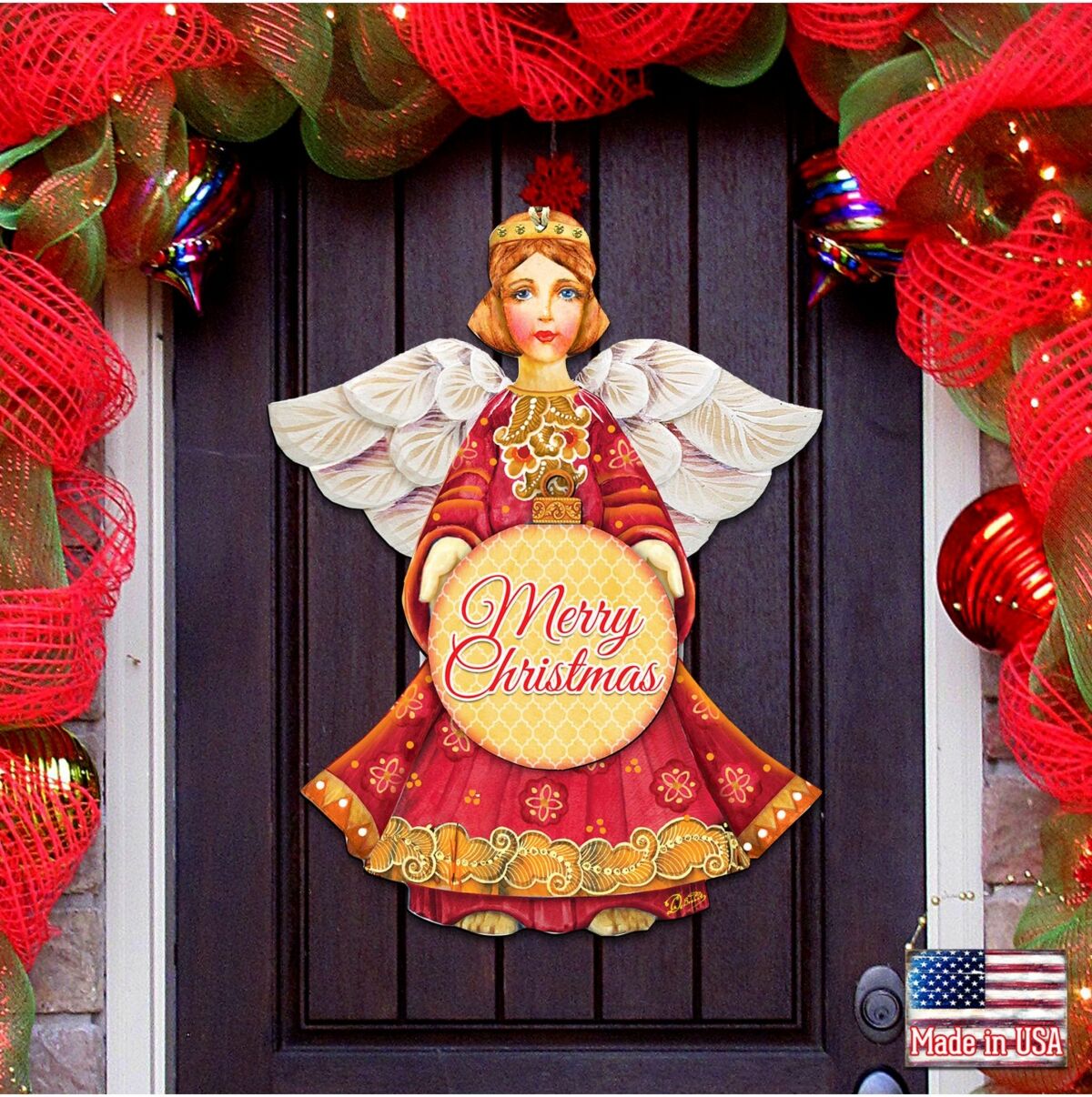 Designocracy 2019 Merry Christmas Angel Dated Wooden Indoor Outdoor Hanging Door Decoration - Multi