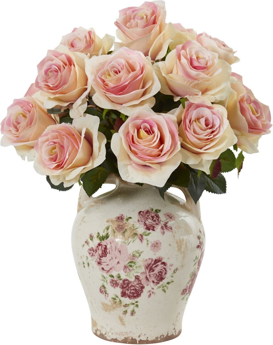 Nearly Natural Rose Artificial Arrangement in Flower Print Jar - Light Pink