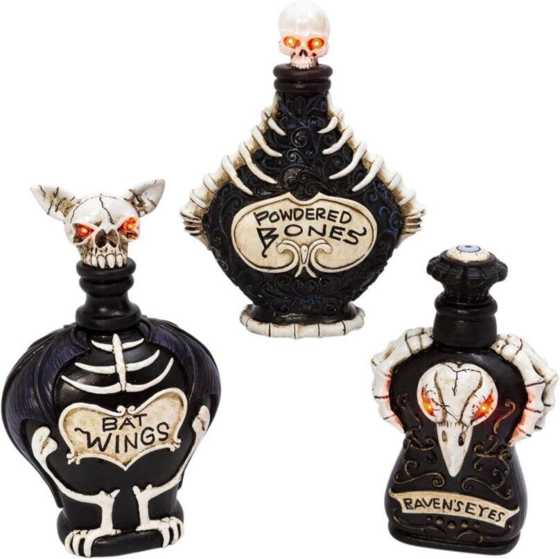 Gerson International Battery Operated Lighted Halloween Potion Bottles Set, 3 Pieces - Black