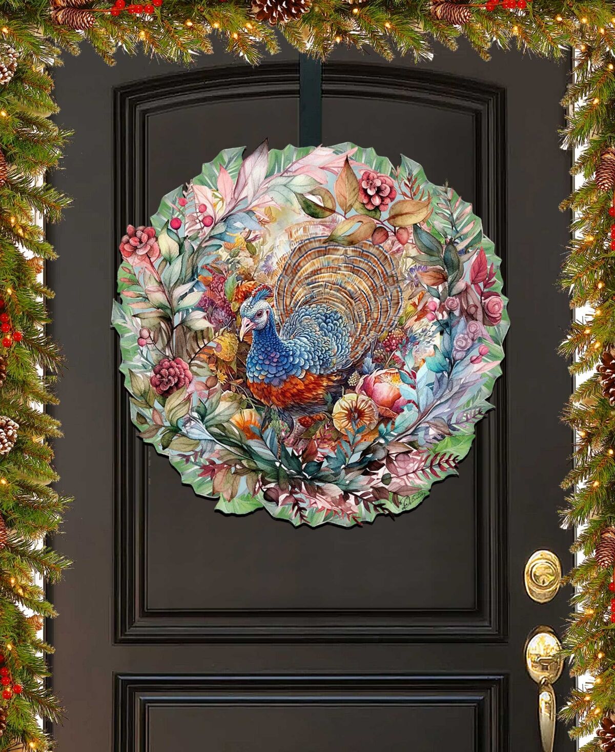 Designocracy Holiday Wood Door Decor Wall Decor Hanging Decoration Turkey Wreath G. DeBrekht - Multi Color