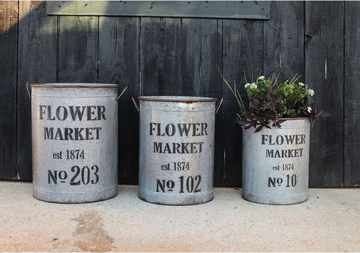 3r Studio Decorative Round Metal Buckets with Handles and