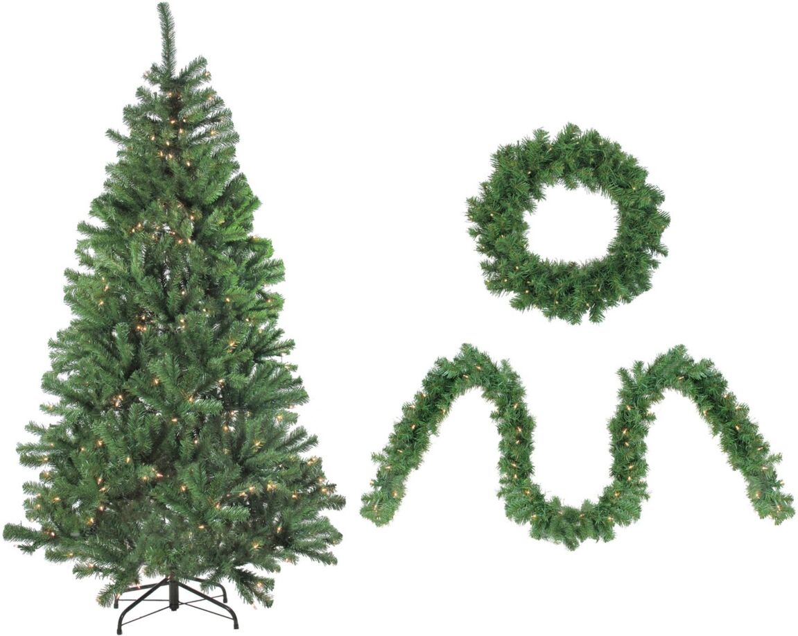 Northlight 4-Piece Artificial Winter Spruce Christmas Tree Wreath and Garland Set - Clear Lights - Green