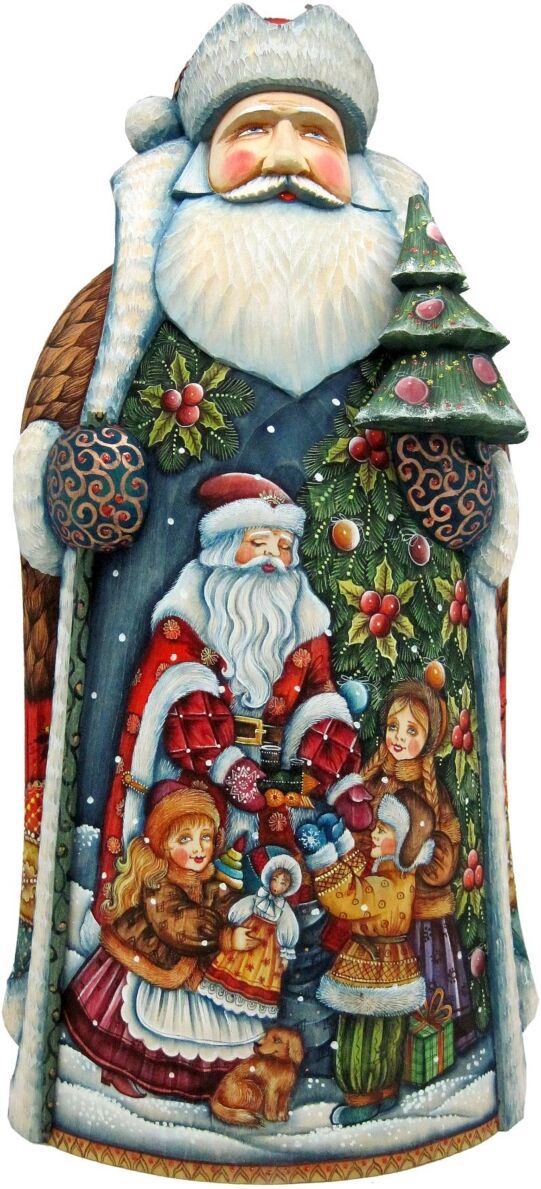 G.DeBrekht Woodcarved and Hand Painted Gift Giving Children with Tree Santa Claus Figurine - Multi