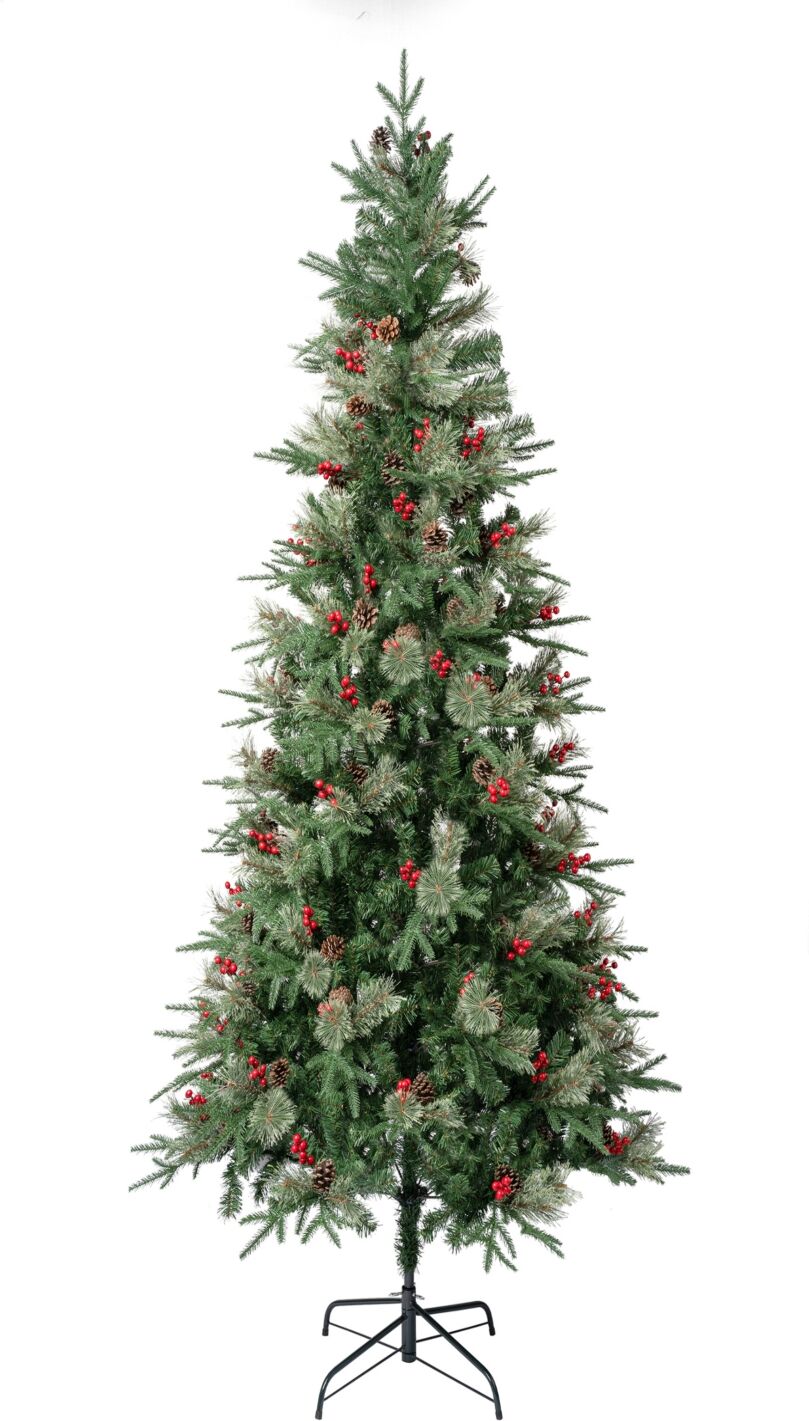 National Tree Company 7.5' Feel-Real Virginia Pine Hinged Pine-Needle Christmas Tree w Berries & Pinecones - Green