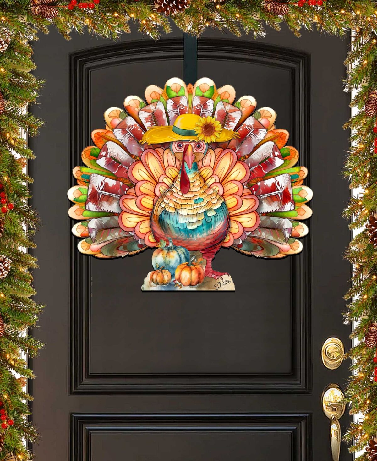 Designocracy Holiday Door Decor Wooden Door Hanger Autumn Turkey G. DeBrekht - Multi Color