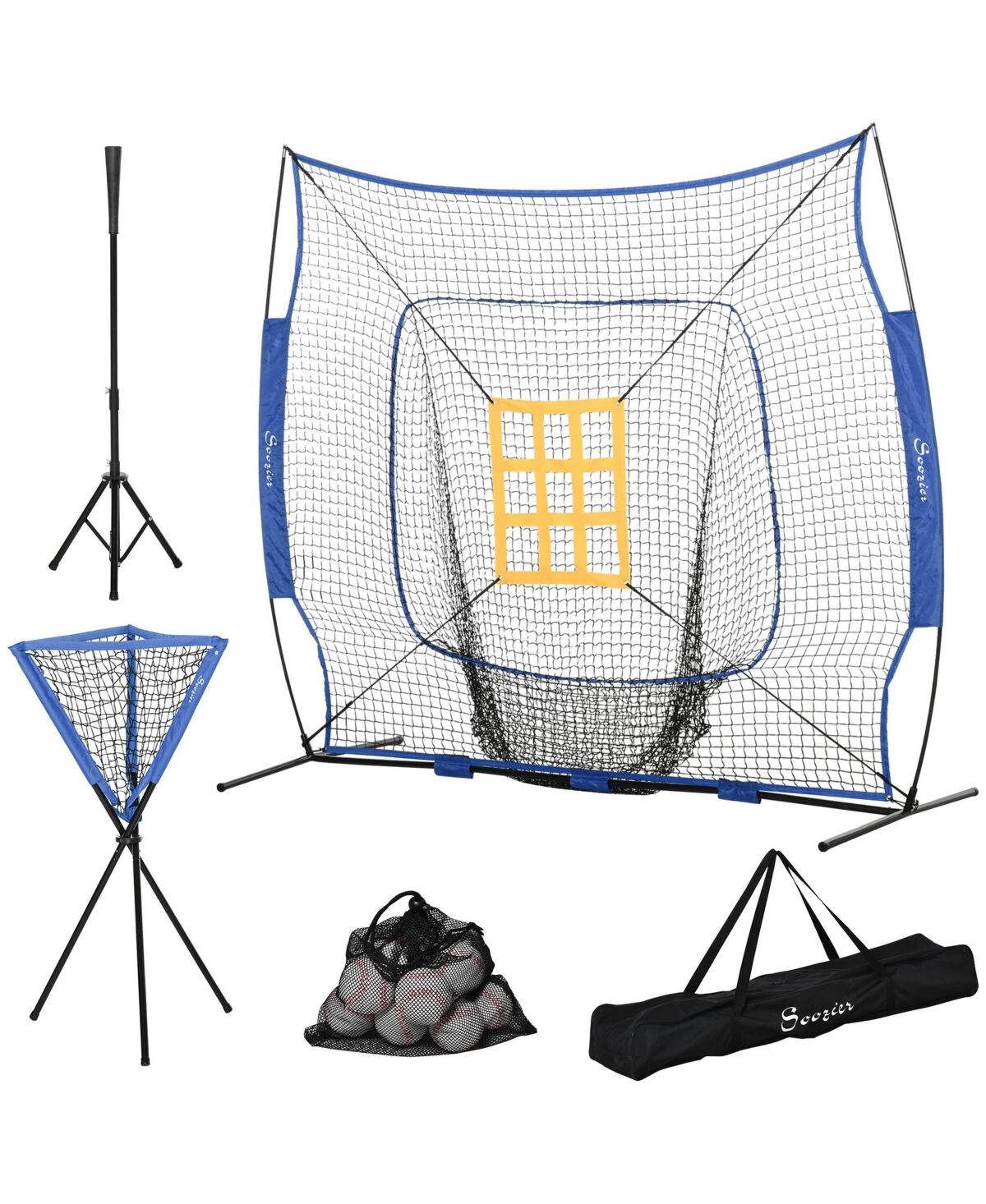 Soozier Baseball Practice Net Set with 7.5x7ft Catcher Net, Ball Caddy and Batting Tee, Portable Baseball Practice Equipment with Carry Bag for Hittin
