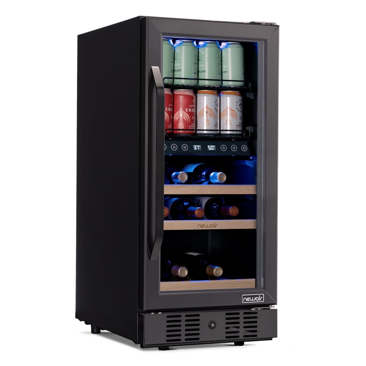 Newair 15 Inch Wine and Beverage Refrigerator - 13 Bottles & 48 Cans Capacity with Dual Temperature Zone Wine Cooler, Black Stainless Steel & Double-L