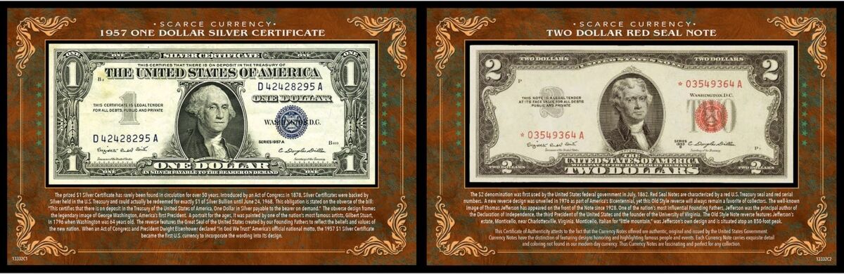 American Coin Treasures Scarce Currency - 1957 1.00 Silver Certificate & 2.00 Red Seal Note - Multi